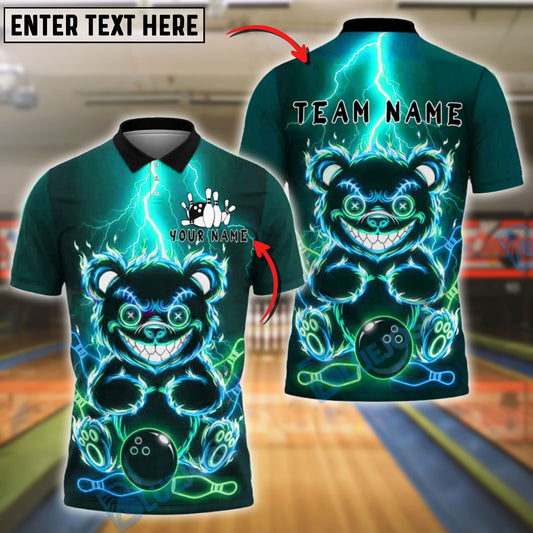 BlueJose Bowling And Pins Electric Bear Glowing Eyes Customized Name, Team Name 3D Shirt (4 Colors)
