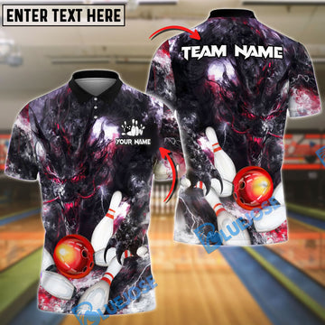 BlueJose Bowling And Pins Demon Strike Lightning Customized Name, Team Name 3D Shirt (4 Colors)