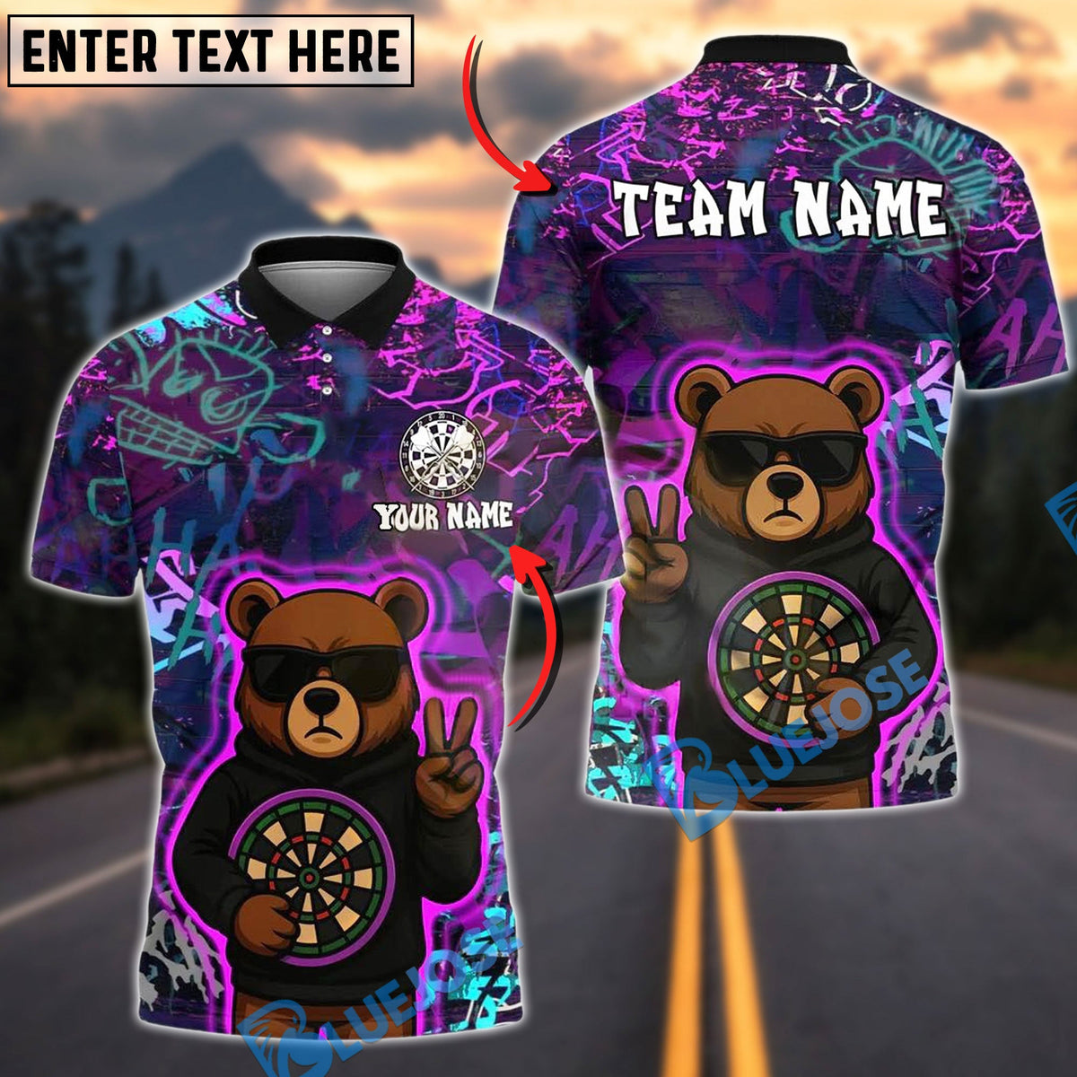 BlueJose Darts Cool Bear Graffiti Neon Style Customized Name, Team Name 3D Shirt (4 Colors)