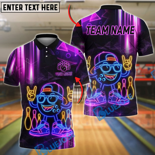 BlueJose Bowling Neon Cartoon Ball Cyber Glow Customized Name, Team Name 3D Shirt (4 Colors)