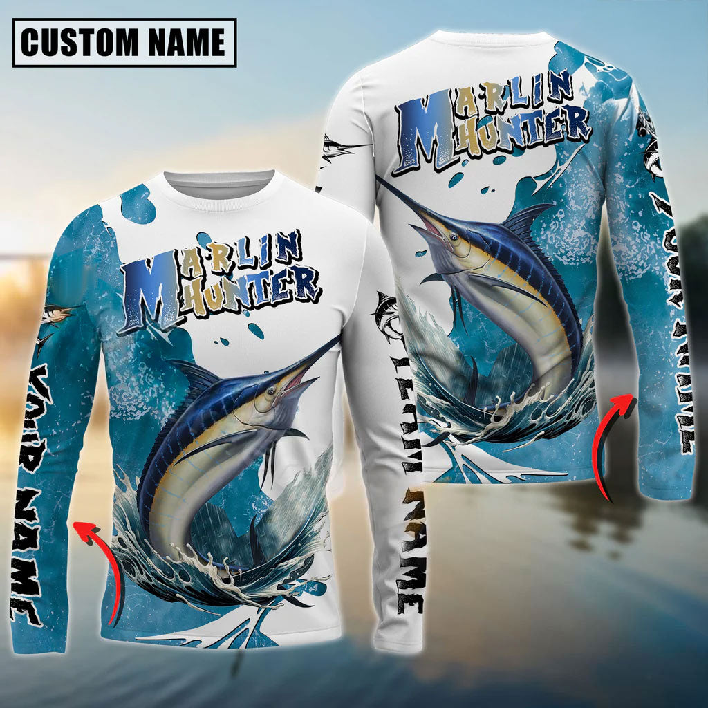 Bluejose Marlin Hunter Fishing Graphic Splash Effect Custom Name &amp; Team Name 3D Shirts