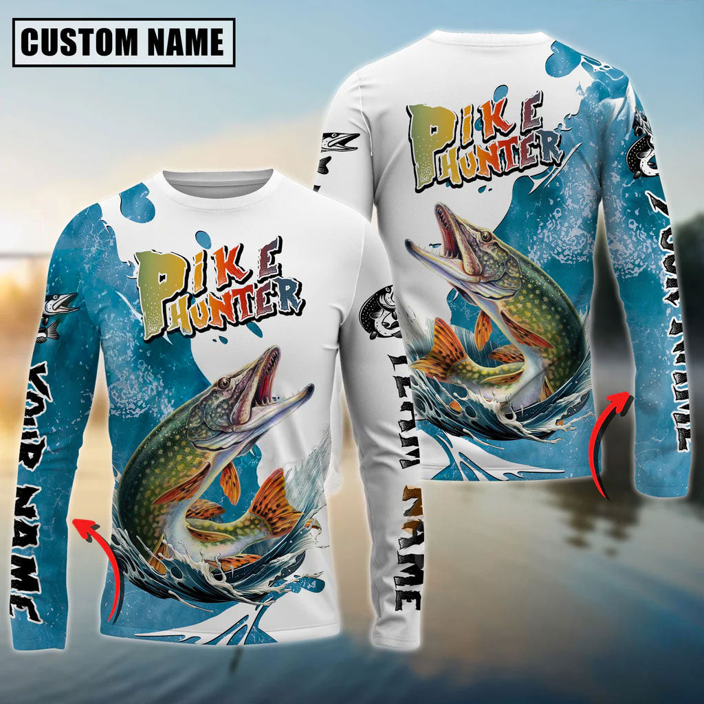 Bluejose Pike Hunter Fishing Graphic Splash Effect Custom Name &amp; Team Name 3D Shirts
