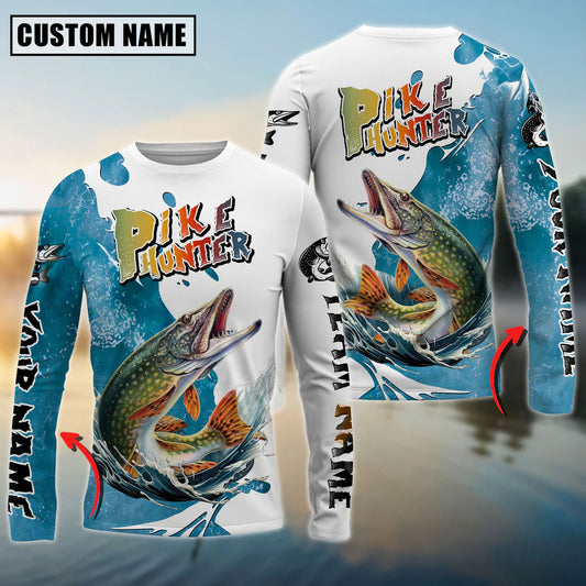 Bluejose Pike Hunter Fishing Graphic Splash Effect Custom Name & Team Name 3D Shirts