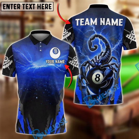 BlueJose Billiards 8 Ball Scorpion Lightning Personalized Name, Team Name Unisex Shirt (4 Colors)