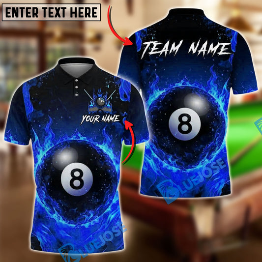 BlueJose Billiards 8 Ball Big Fire Flame Personalized Name, Team Name Unisex Shirt (4 Colors)