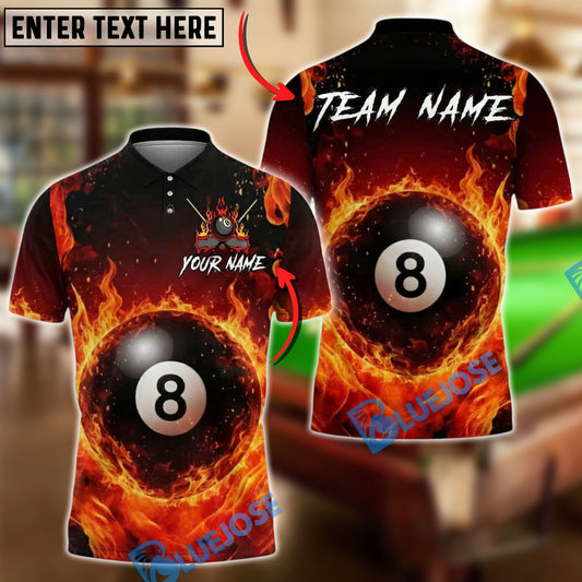 BlueJose Billiards 8 Ball Big Fire Flame Personalized Name, Team Name Unisex Shirt (4 Colors)