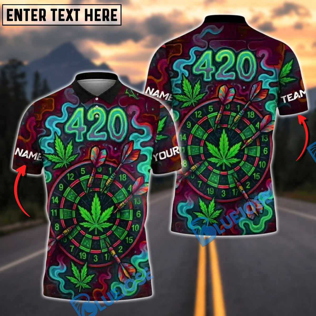 BlueJose Darts 420 Neon Cannabis Dartboard Glow Personalized Name, Team Name Unisex Shirt (4 Colors)