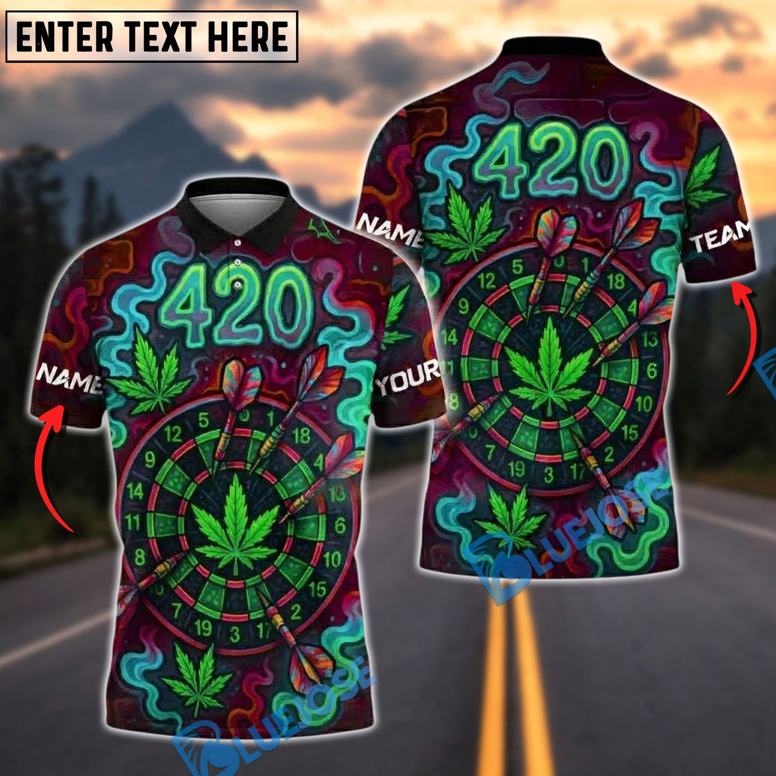 BlueJose Darts 420 Neon Cannabis Dartboard Glow Personalized Name, Team Name Unisex Shirt (4 Colors)