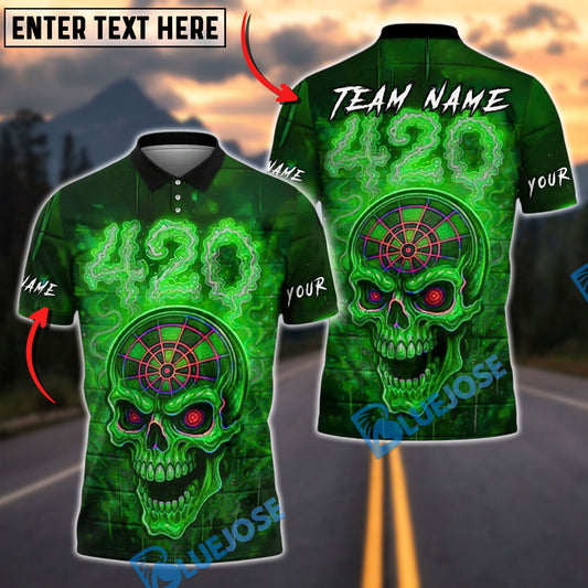 BlueJose Darts Skull 420 Neon Dartboard Glow Personalized Name, Team Name Unisex Shirt (4 Colors)