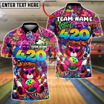 BlueJose Bowling And Pins Graffiti Bear 420 Customized Name, Team Name 3D Shirt (4 Colors)