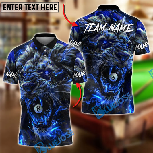 BlueJose Billiards 8 Ball Lion Fire Glow Personalized Name, Team Name Unisex Shirt (4 Colors)