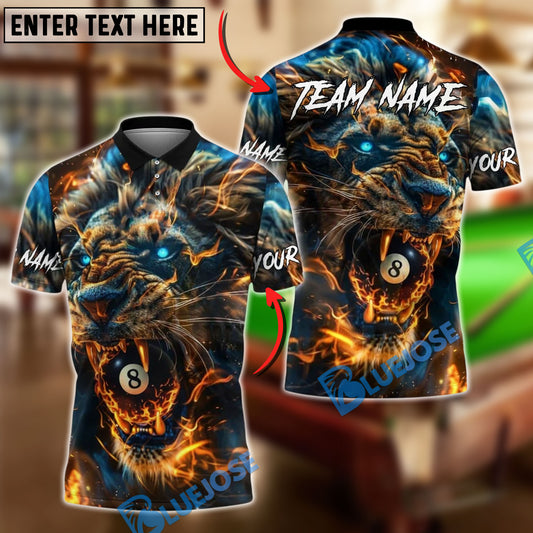 BlueJose Billiards 8 Ball Lion Fire Glow Personalized Name, Team Name Unisex Shirt (4 Colors)