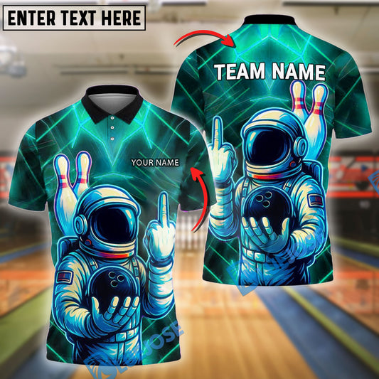 BlueJose Bowling And Pins Astronaut Neon Middle Finger Customized Name, Team Name 3D Shirt (4 Colors)
