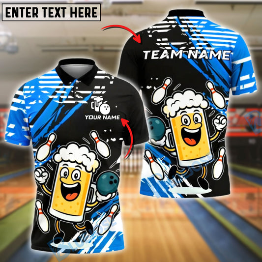 BlueJose Bowling And Pins Happy Beer Mug Dancing Pose Customized Name, Team Name 3D Shirt (4 Colors)