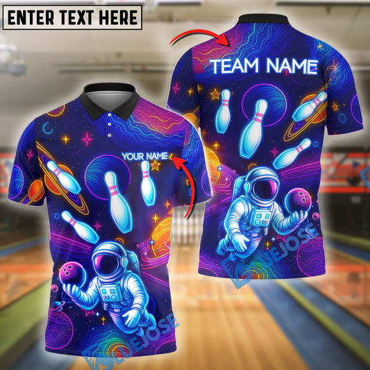 BlueJose Bowling And Pins Space Astronaut Neon Galaxy Customized Name, Team Name 3D Shirt (4 Colors)