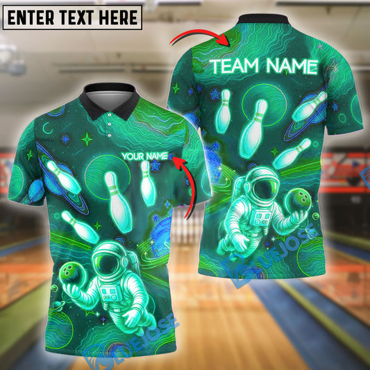 BlueJose Bowling And Pins Space Astronaut Neon Galaxy Customized Name, Team Name 3D Shirt (4 Colors)