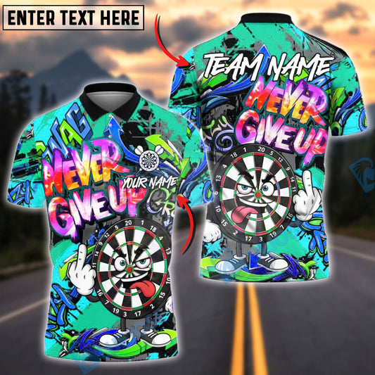 BlueJose Darts Dartboard Graffiti Never Give Up Style Personalized Name, Team Name Shirt (4 Colors)