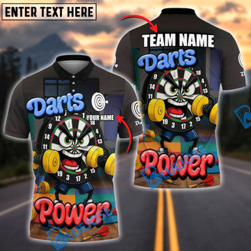 BlueJose Darts Power Gym-Themed Cartoon Personalized Name, Team Name Shirt (4 Colors)