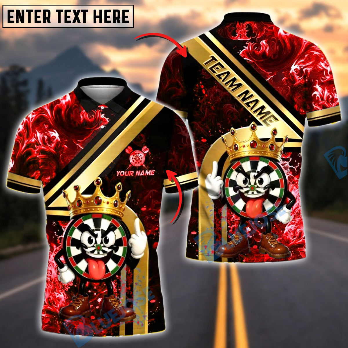 BlueJose Darts Funny King Dartboard Flame Style Customized Name, Team Name 3D Shirt (4 Colors)