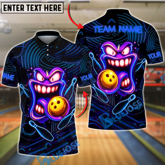 BlueJose Bowling And Pins Neon Funny Smiley Face Customized Name, Team Name 3D Shirt (4 Colors)