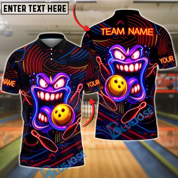 BlueJose Bowling And Pins Neon Funny Smiley Face Customized Name, Team Name 3D Shirt (4 Colors)