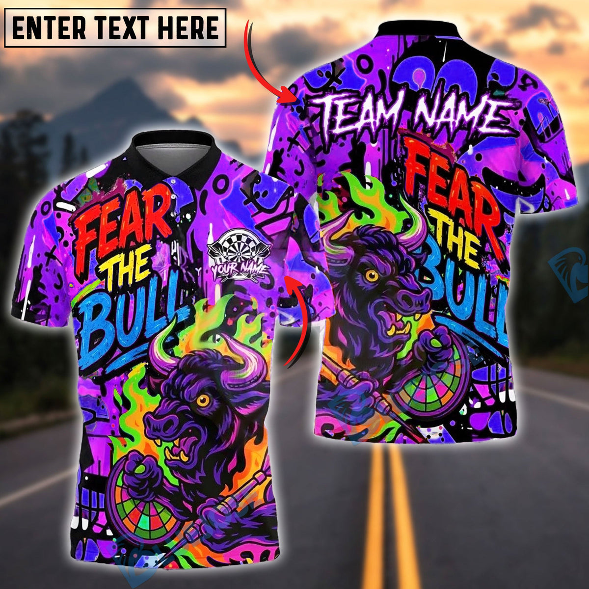 BlueJose Darts Fear The Bull Graffiti Style Customized Name, Team Name 3D Shirt (4 Colors)