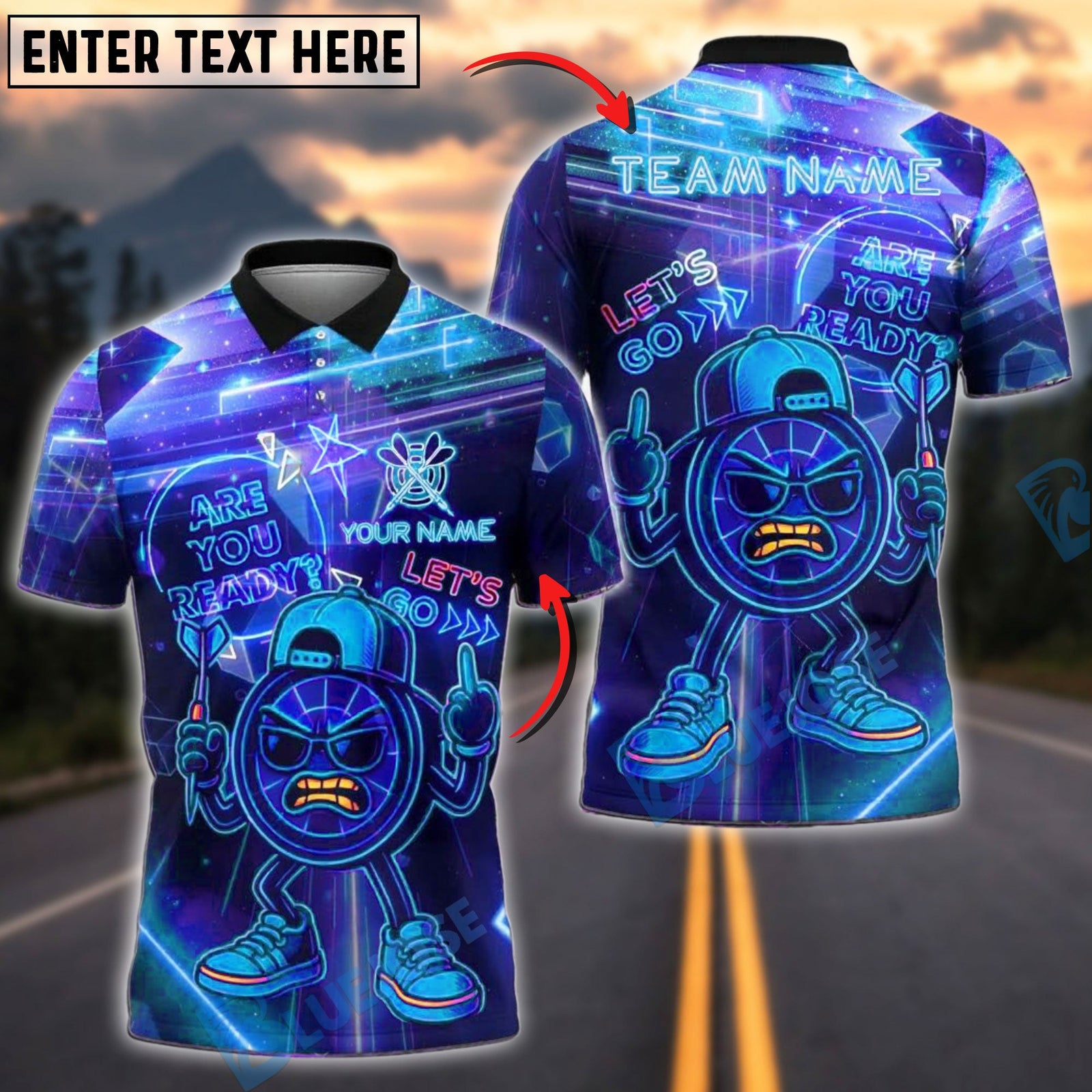 BlueJose Darts Neon Angry Cartoon Customized Name, Team Name 3D Shirt (4 Colors)