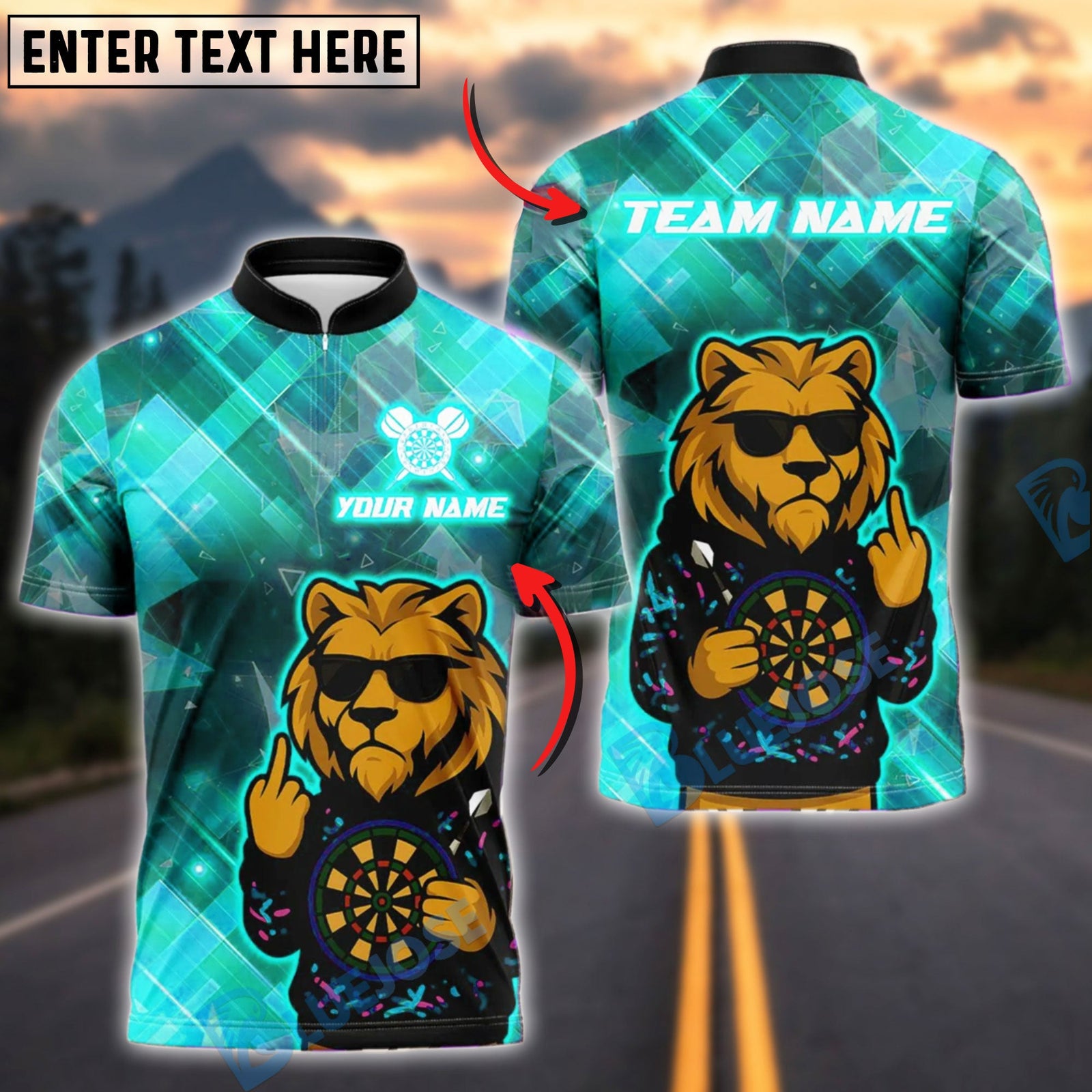 BlueJose Darts Cool Lion Sunglasses Neon Customized Name, Team Name 3D Shirt (4 Colors)