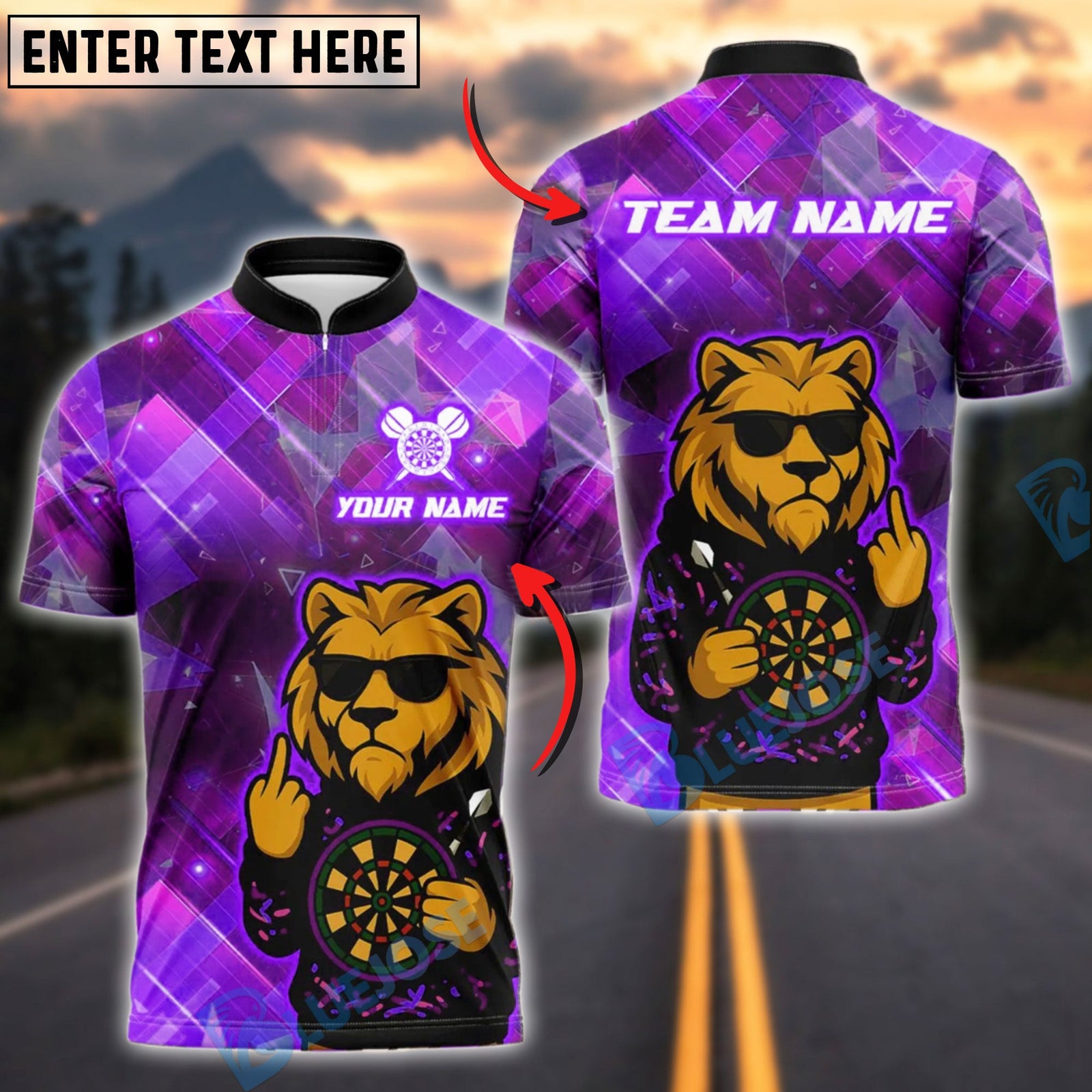 BlueJose Darts Cool Lion Sunglasses Neon Customized Name, Team Name 3D Shirt (4 Colors)