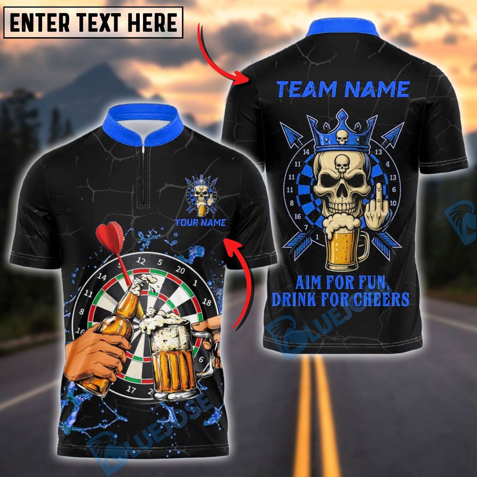 BlueJose Darts Skull Beer Cheers Aim for Fun Customized Name, Team Name 3D Shirt (4 Colors)