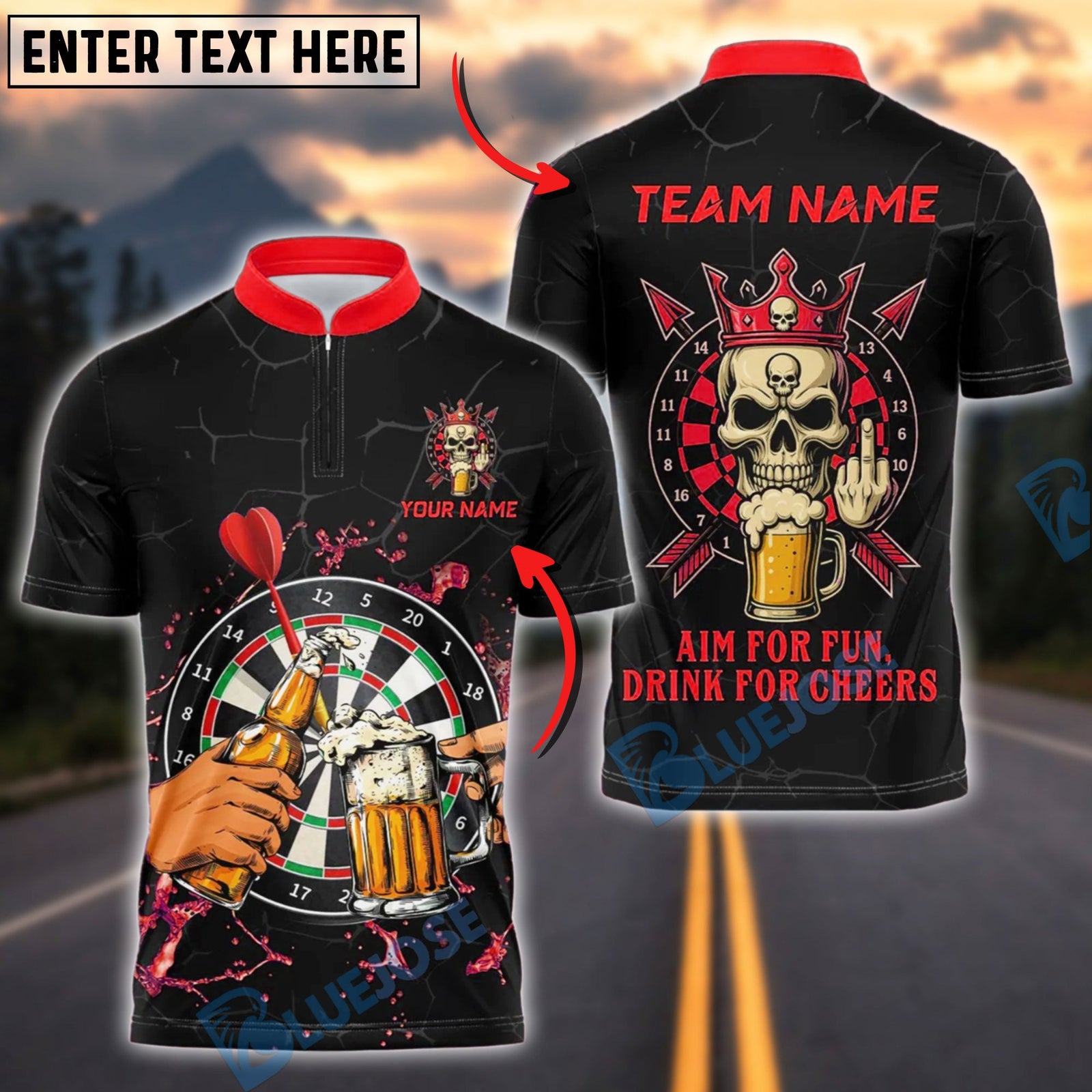 BlueJose Darts Skull Beer Cheers Aim for Fun Customized Name, Team Name 3D Shirt (4 Colors)