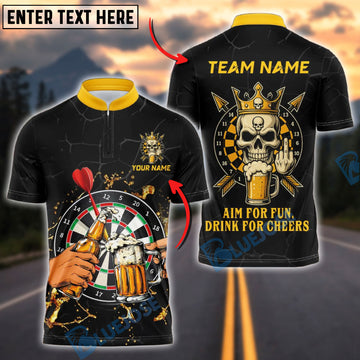 BlueJose Darts Skull Beer Cheers Aim for Fun Customized Name, Team Name 3D Shirt (4 Colors)