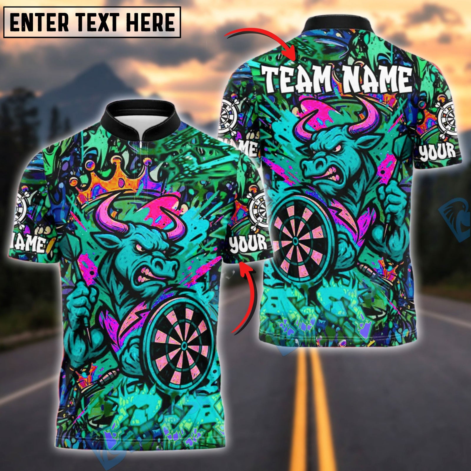 BlueJose Darts Angry Bull Graffiti Crown Customized Name, Team Name 3D Shirt (4 Colors)