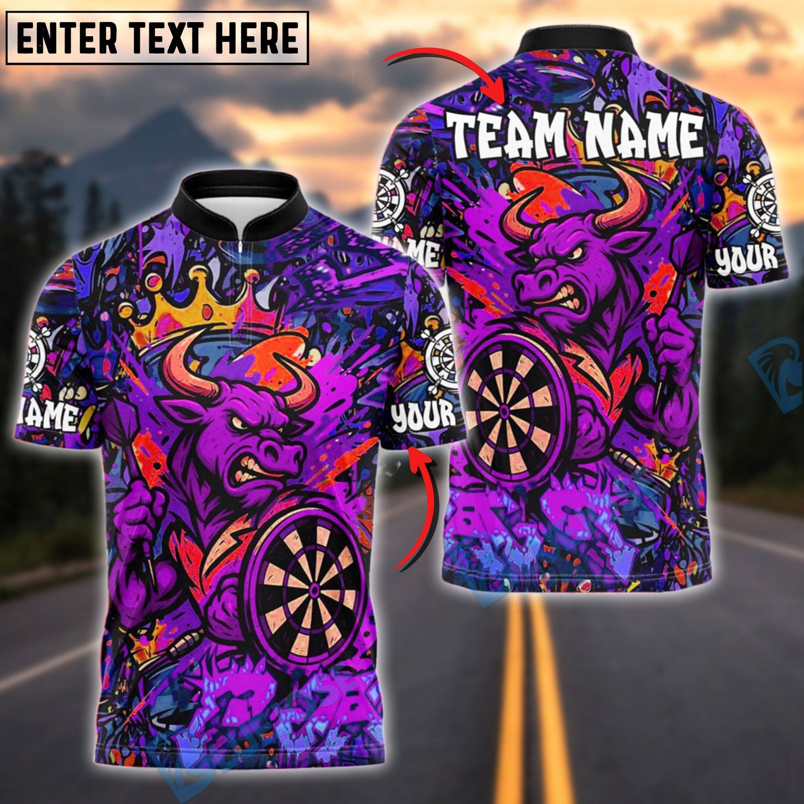 BlueJose Darts Angry Bull Graffiti Crown Customized Name, Team Name 3D Shirt (4 Colors)
