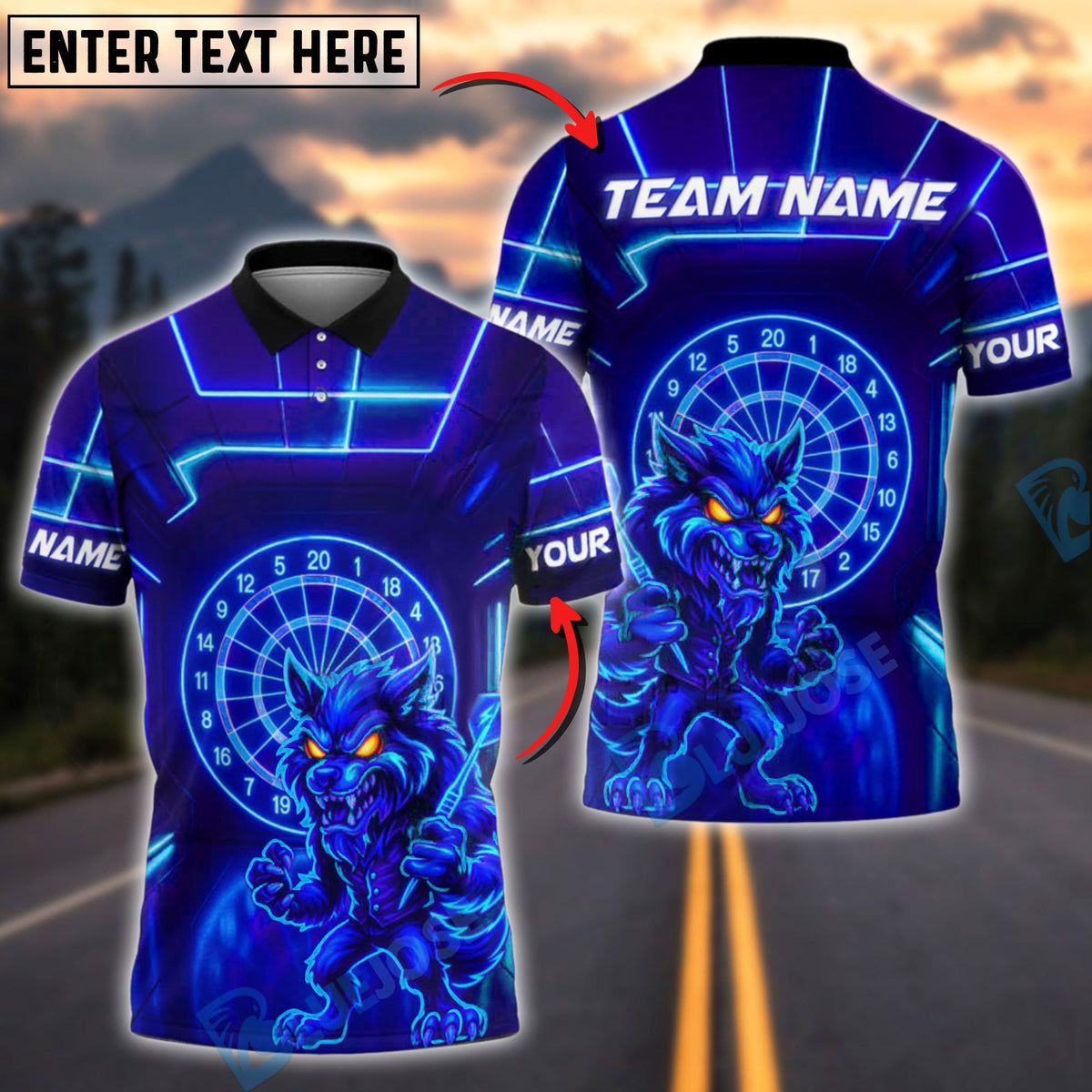 BlueJose Darts Neon Wolf Customized Name, Team Name 3D Shirt (4 Colors)