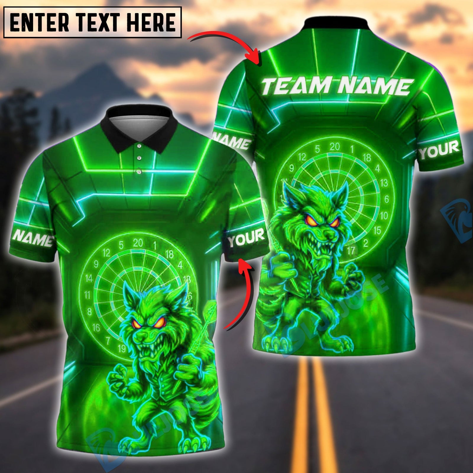 BlueJose Darts Neon Wolf Customized Name, Team Name 3D Shirt (4 Colors)