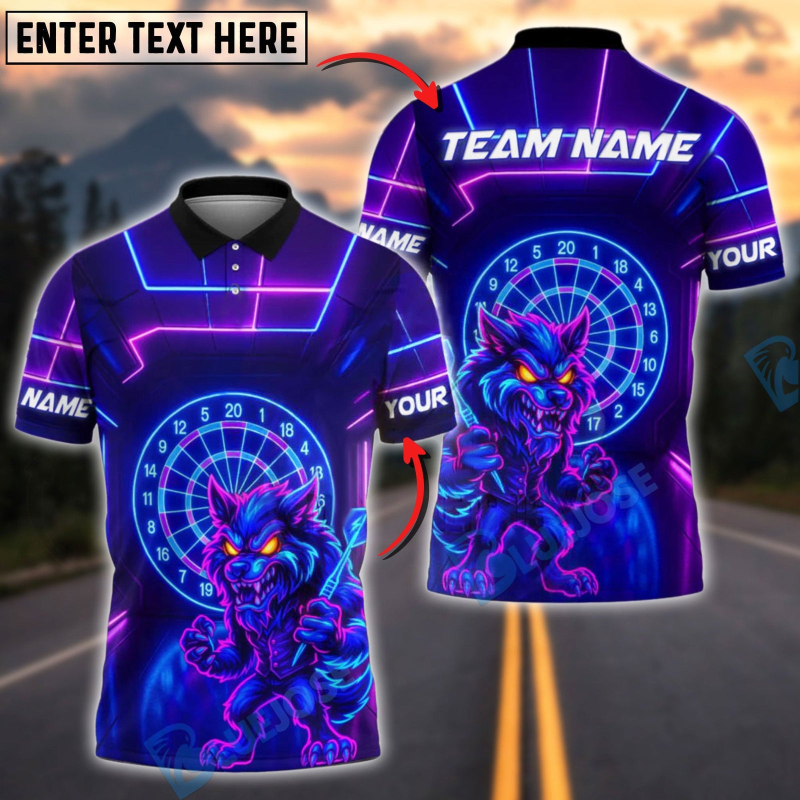 BlueJose Darts Neon Wolf Customized Name, Team Name 3D Shirt (4 Colors)