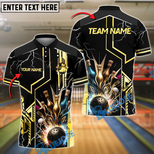 BlueJose Bowling And Pins Strike Explosion Lightning Customized Name, Team Name 3D Shirt (4 Colors)