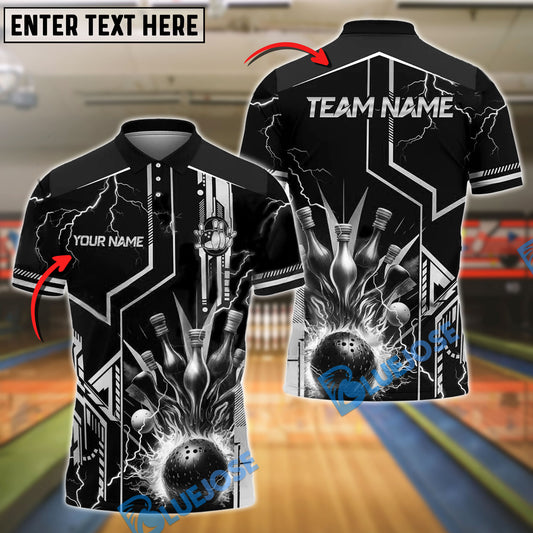 BlueJose Bowling And Pins Strike Explosion Lightning Customized Name, Team Name 3D Shirt (4 Colors)