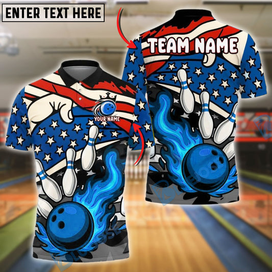 BlueJose Bowling And Pins Flame Ball Explosion USA Flag Customized Name, Team Name 3D Shirt (4 Colors)