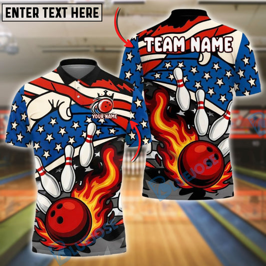 BlueJose Bowling And Pins Flame Ball Explosion USA Flag Customized Name, Team Name 3D Shirt (4 Colors)