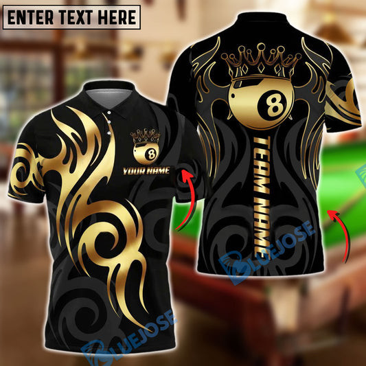 BlueJose Billiards Golden 8 Ball Crown Tribal Pattern Personalized Name, Team Name Shirt (6 Colors)
