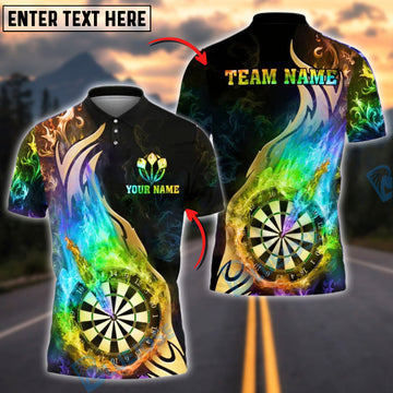 BlueJose Darts Golden Rainbow Flame Dartboard Customized Name, Team Name 3D Shirt (4 Colors)