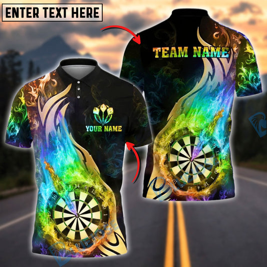 BlueJose Darts Golden Rainbow Flame Dartboard Customized Name, Team Name 3D Shirt (4 Colors)