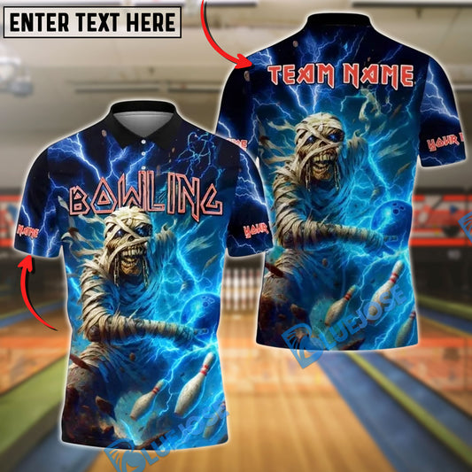 BlueJose Bowling And Pins Mummy Red Lightning Power Customized Name, Team Name 3D Shirt (4 Colors)