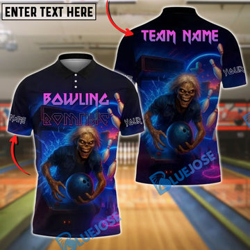 BlueJose Bowling And Pins Skeleton Arcade Neon Red Customized Name, Team Name 3D Shirt (4 Colors)