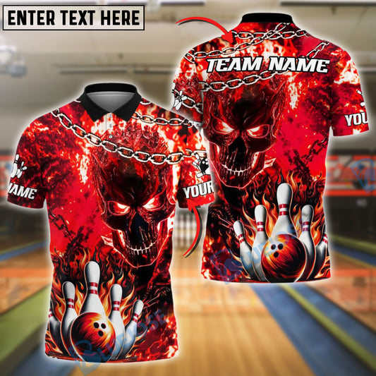 BlueJose Bowling And Pins Fiery Skull Chains Customized Name, Team Name 3D Shirt (4 Colors)