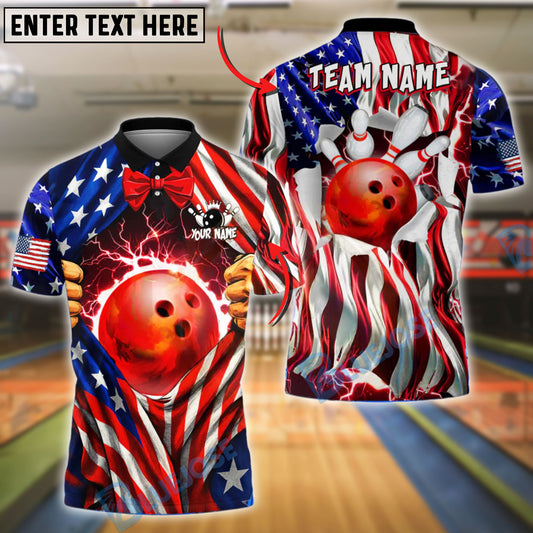 BlueJose Bowling American Flag Red Ball Lightning Personalized Name, Team Name 3D Shirt