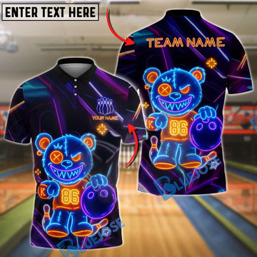 BlueJose Bowling And Pins Bear Neon Glow Customized Name, Team Name 3D Shirt (4 Colors)