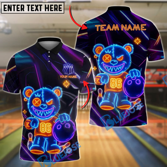 BlueJose Bowling And Pins Bear Neon Glow Customized Name, Team Name 3D Shirt (4 Colors)